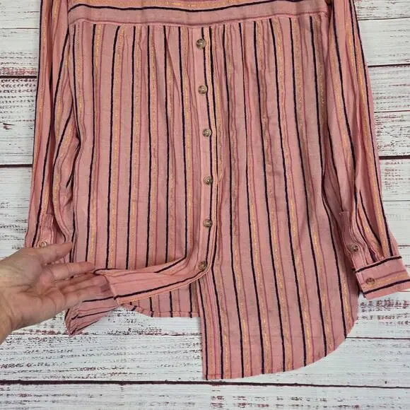 Anthropologie Isadora Button Back Tunic Top S Pink Gold Stripe Popover Shirt NWT - Picture 6 of 13